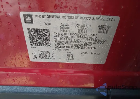 2019 Chevrolet Equinox Lt из США, поврежденный, VIN 3GNAXKEV3KS504318